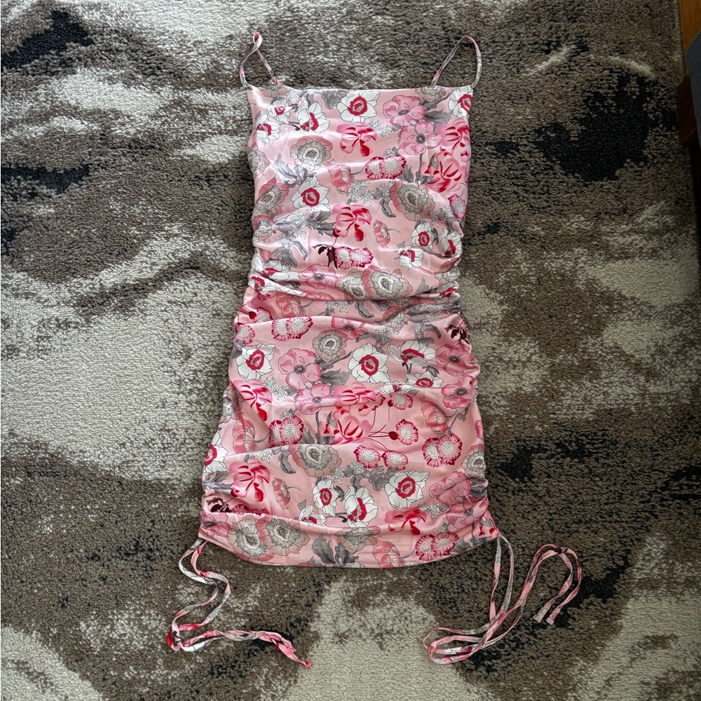 Pink Floral Ruched Slip Dress